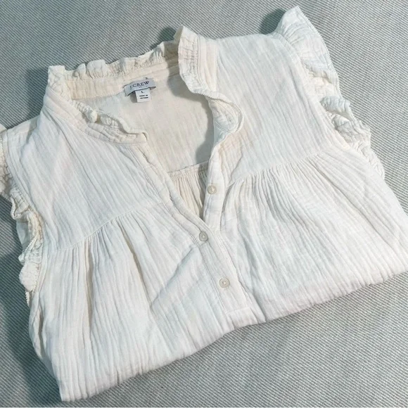 J. Crew Factory Cream Ruffle Sleeve Gauzy Blouse (Large / L) - Picture 2 of 6